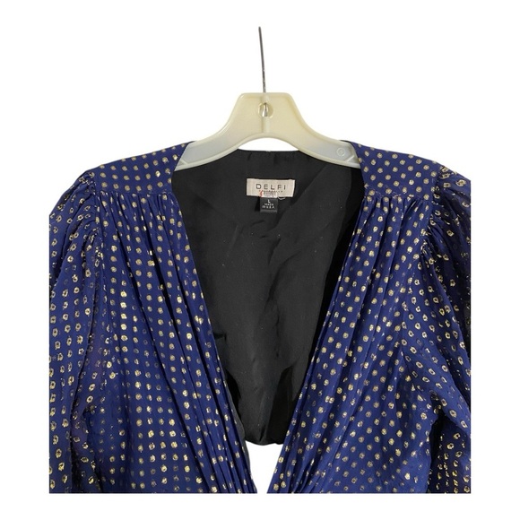 DELFI Cerise Gown Maxi Dress Waist Cutout in Blue Gold Silk Chiffon Size Large - Picture 9 of 13